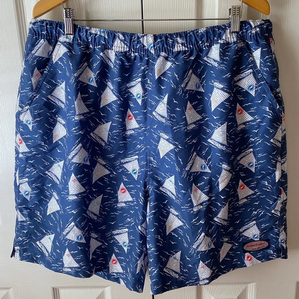 vineyard vines Blue Sailboat Whale‎ Printed Lined 7" Swim Trunks SZ XL